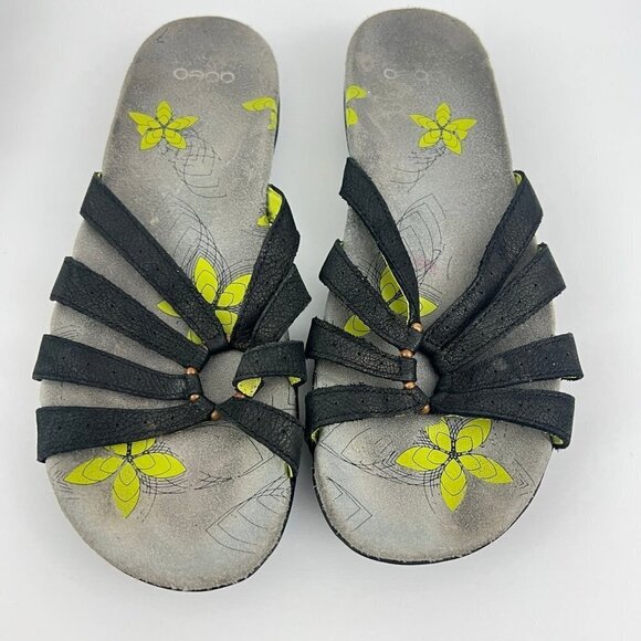 Abeo Sandals Womens 8 N Farren Strappy Slides Black Leather Open Toe Floral - Picture 6 of 8